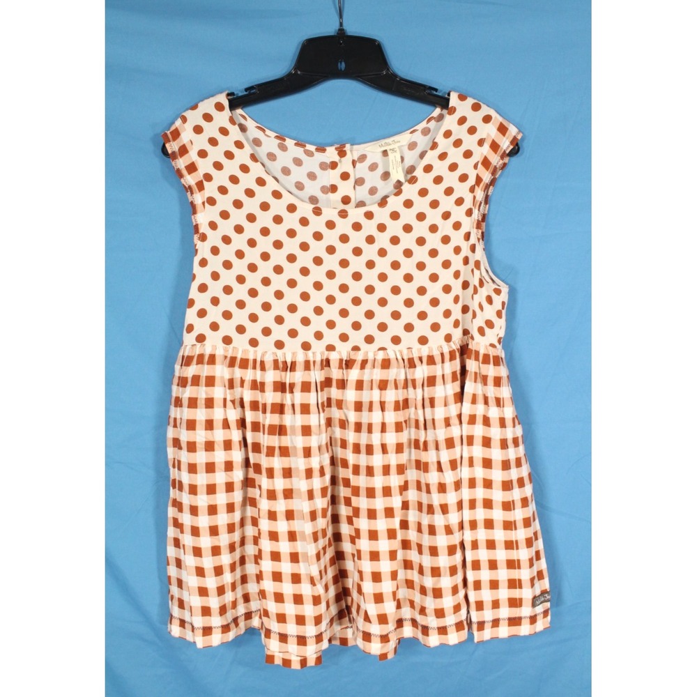 MATILDA JANE Rust/Beige POLKA DOTS/PLAID Button Back FEELING COLLEGIATE TOP Sz M